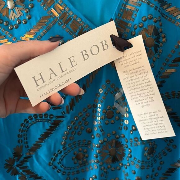 NWT Hale Bob Teal Blue Beaded V-Neck Silk Blend Mini Dress Size Small - Picture 6 of 7